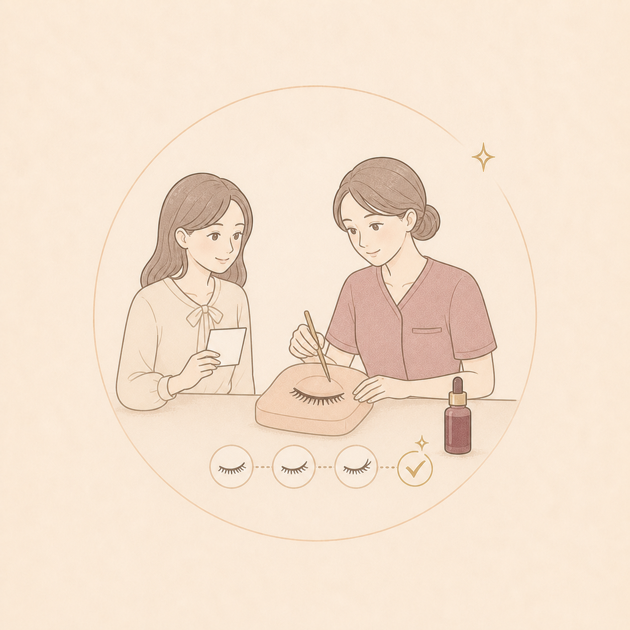 講習と実技トレーニングで施術手順を習得する様子のイラスト